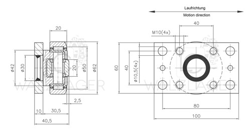 Skizze Kombirolle MR0001PMR01 D=62 mm, verschweisst mit Platte 100x60x10 mm