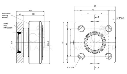 Skizze Kombirolle MR01.M1PMR0001-Q D=62,5 mm, verschweisst mit Platte 60x60x10 mm