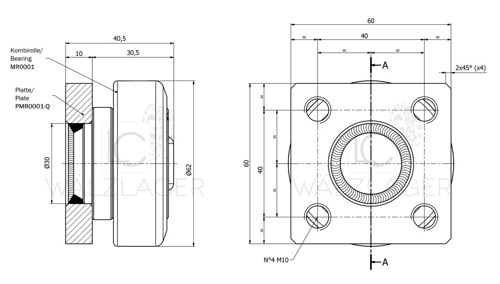 Skizze Kombirolle MR0001PMR01-Q D=62 mm, verschweisst mit Platte 60x60x10 mm