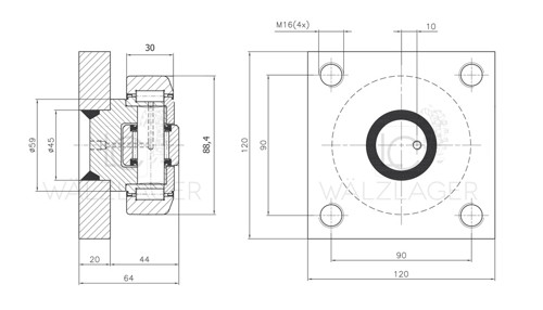 Skizze Kombirolle MR0005PMR05-Q D=88,4 mm verschweisst mit Platte 120x120x20 mm