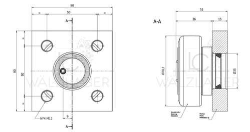 Skizze Kombirolle MR0002PMR02-Q D=70.1 mm, verschweisst mit Platte 80x80x15 mm