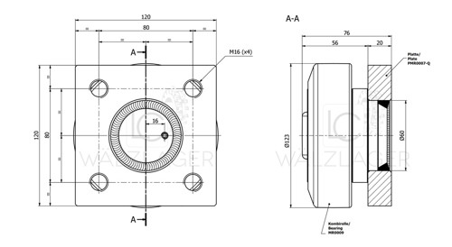Skizze Kombirolle MR0009PMR07-Q D=123 mm verschweisst mit Platte 120x120x20 mm