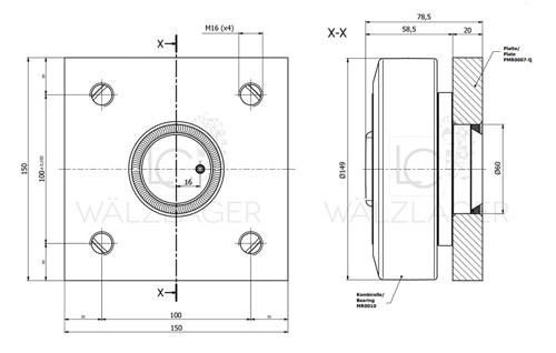 Skizze Kombirolle MR0010PMR10-Q D=149 mm verschweißt mit Platte 150x150x20 mm