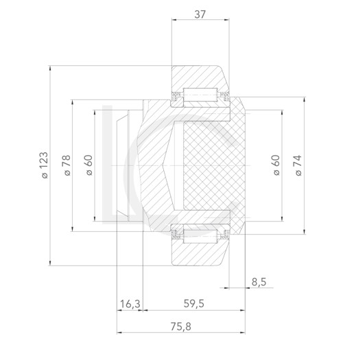 Skizze Kombirolle, einstellbar mit Ertaloneinsatz MR0153/F 60x123x75,8 mm