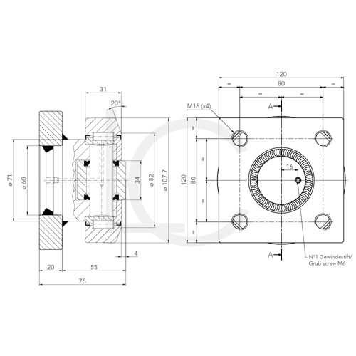 Skizze Kombirolle MR0007PMR07-Q D=107.7 mm verschweißt mit Platte 120x120x20 mm