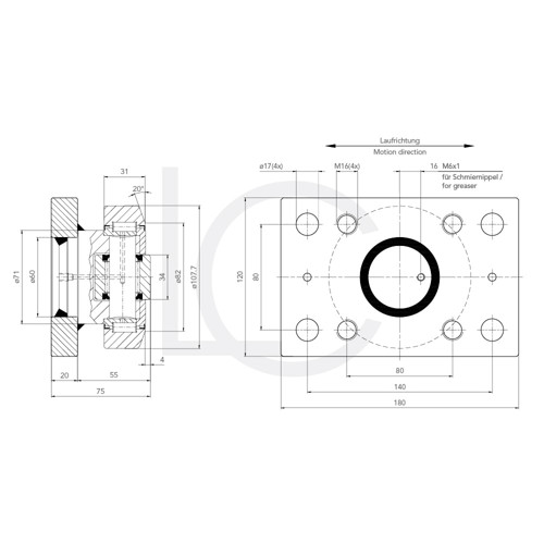 Skizze Kombirolle MR0007PMR07 D=107.7 mm verschweißt mit Platte 180x120x20 mm