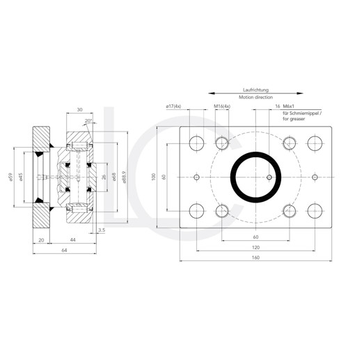 Skizze Kombirolle MR0005.M1PMR05 D= 88.9 mm verschweißt mit Platte 120x120x20 mm