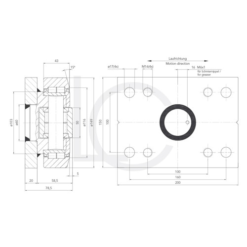 Skizze Kombirolle MR0010PMR10 D=149 mm verschweißt mit Platte 200x150x20 mm