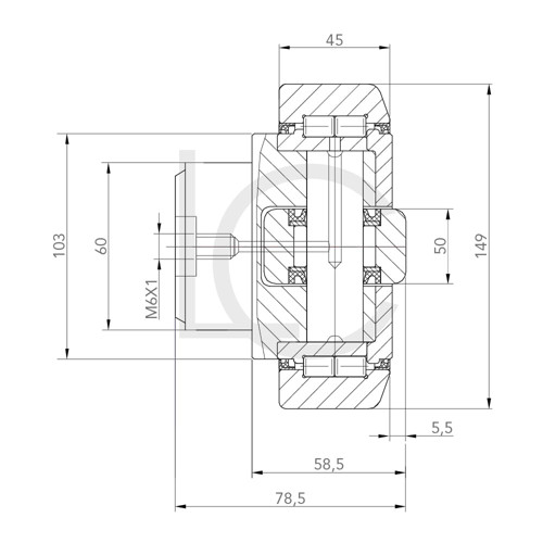 Skizze Kombirolle, Axialrolle fest MR0010.W 60x149x78.5 mm