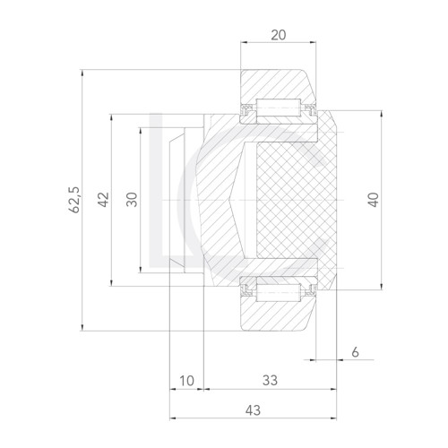 Skizze Kombirolle, einstellbar mit Ertaloneinsatz MR0146.M1/F 30x62.5x43 mm