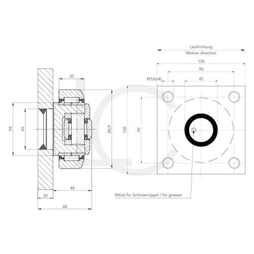 Skizze Kombirolle MR0150PMR05-Q D=88.9 mm verschweißt mit Platte 120x120x20 mm