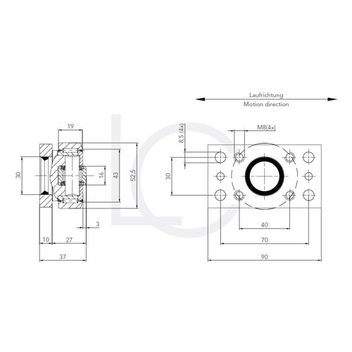 Zeichnung Kombirolle MR0706PMR706 D=52.5 mm, verschweißt mit Platte 90x50x10 mm