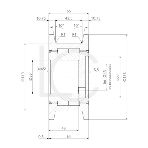 Skizze Kettenrolle FAN3101 55x110/138x64 mm