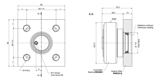 Skizze Kombirolle MR0003PMR03-Q D=77.7 mm, verschweißt mit Platte 80x80x15 mm
