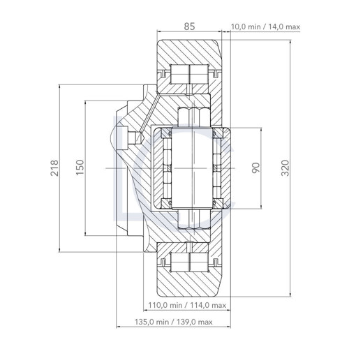 Zeichnung Kombirolle, JUMBO, einstellbar MR4176.W 150x320x135/139 mm