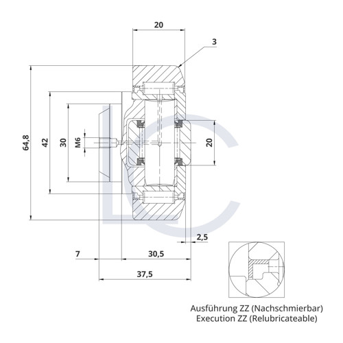 Technische Zeichnung PR0001 Kombirolle, 30x64,8x37,5 mm, Maßbild